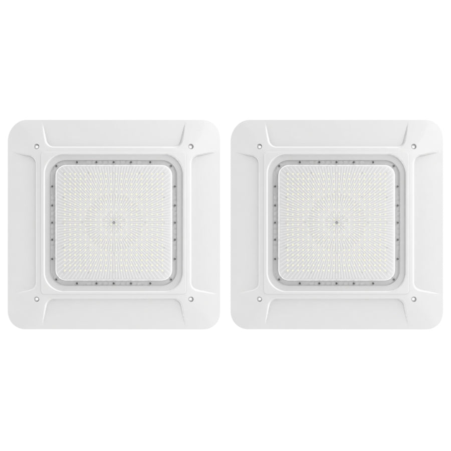 Dual front view comparison of LED canopy lights showing uniform LED distribution and design