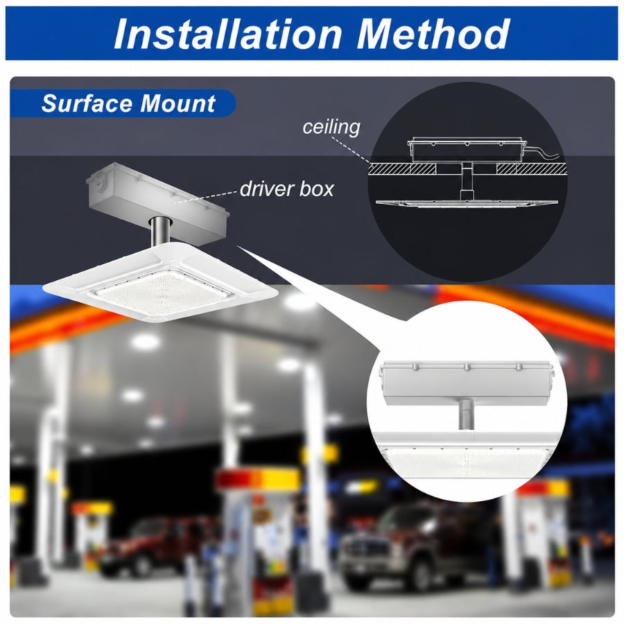 Surface mount installation method for LED canopy light with ceiling and driver box connection