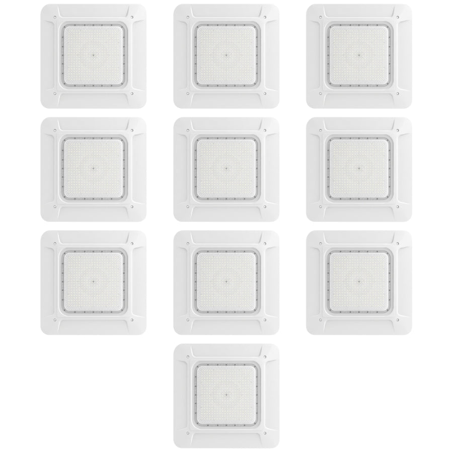Multiple LED canopy lights arranged in grid layout for large-scale commercial lighting installations