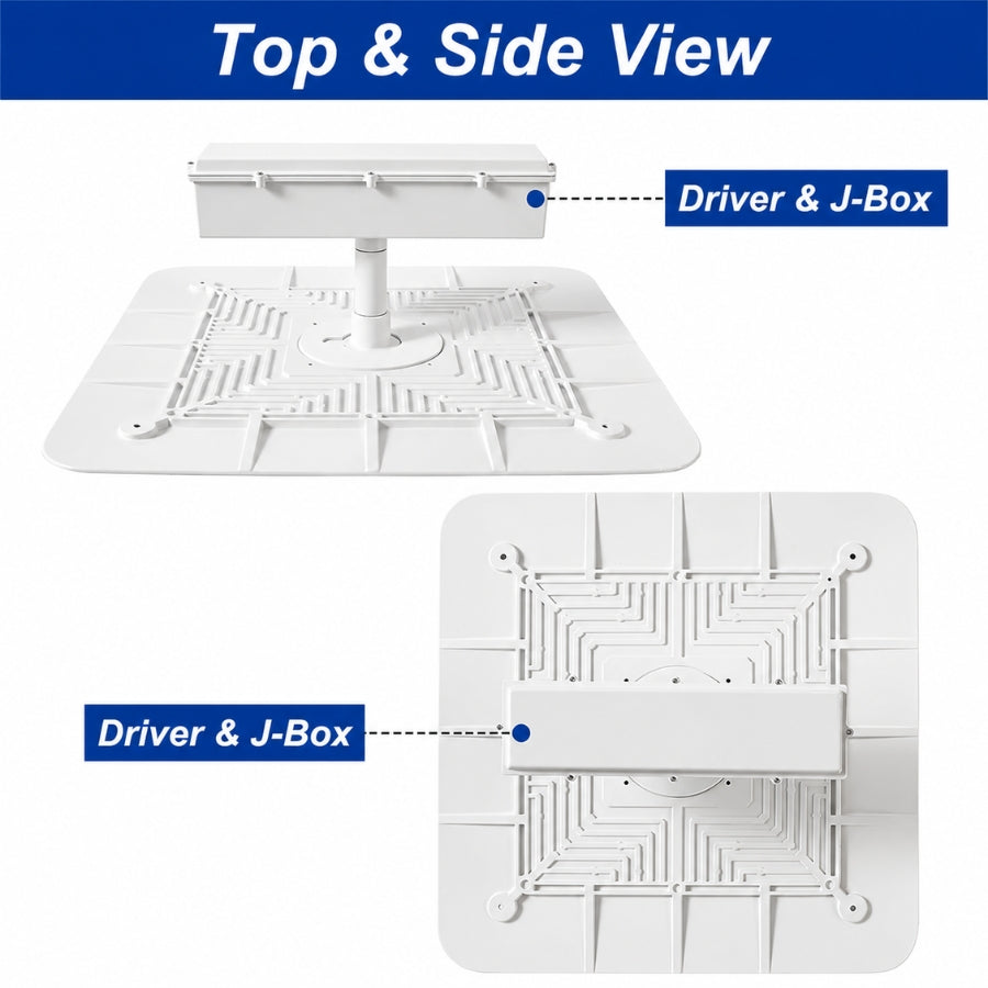 Top and side view of LED canopy light highlighting driver and junction box configuration