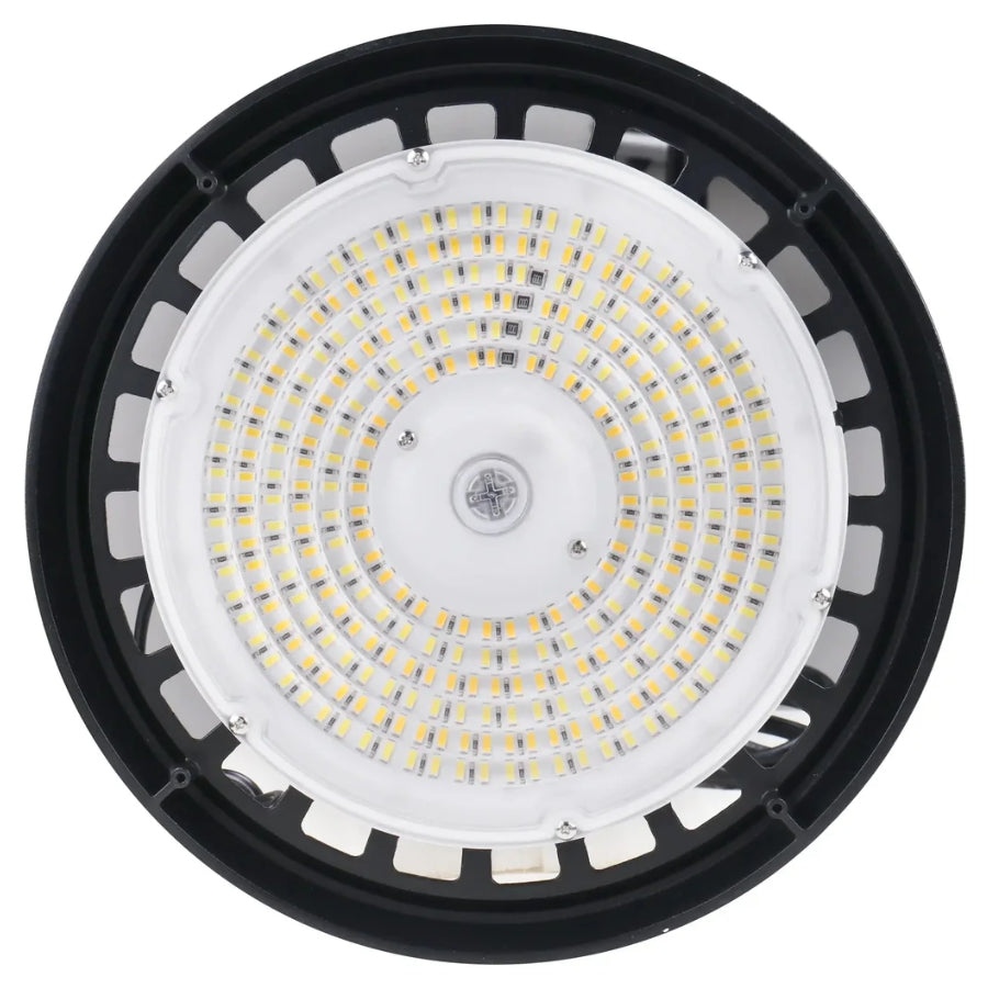 Bottom view of a UFO high bay LED fixture displaying densely packed high-efficiency LED chips for uniform light distribution.