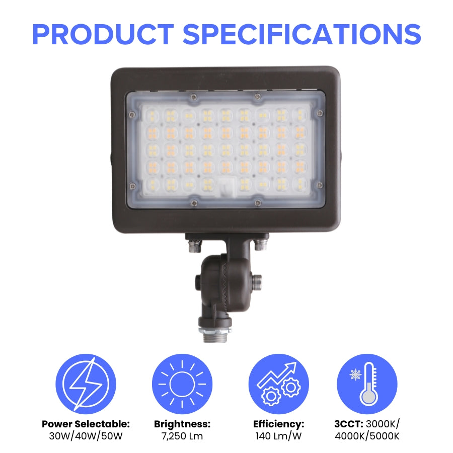 LED flood light specifications showing selectable wattage 30W 40W 50W, 7250 lumens brightness, 140 lm/W efficiency and selectable color temperature