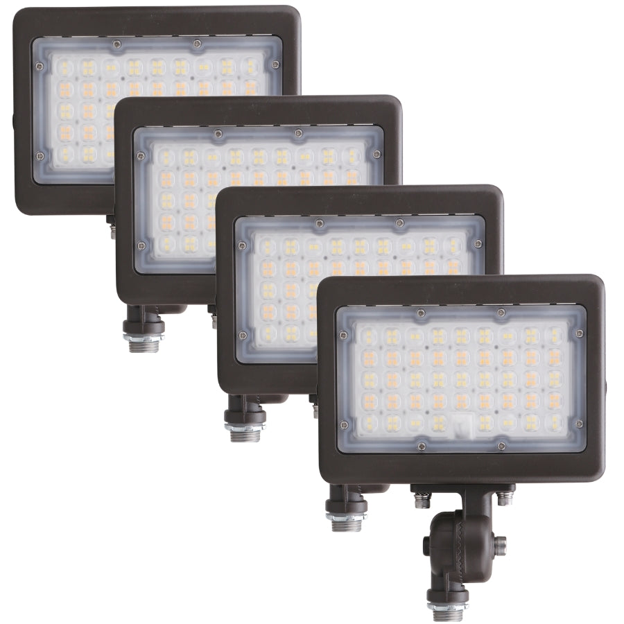 Four pack of LED flood lights with knuckle mounts for outdoor security and commercial lighting installations