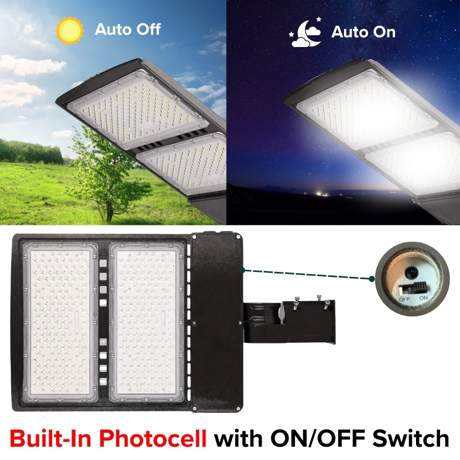 LED parking lot light with built-in photocell sensor for automatic on and off functionality