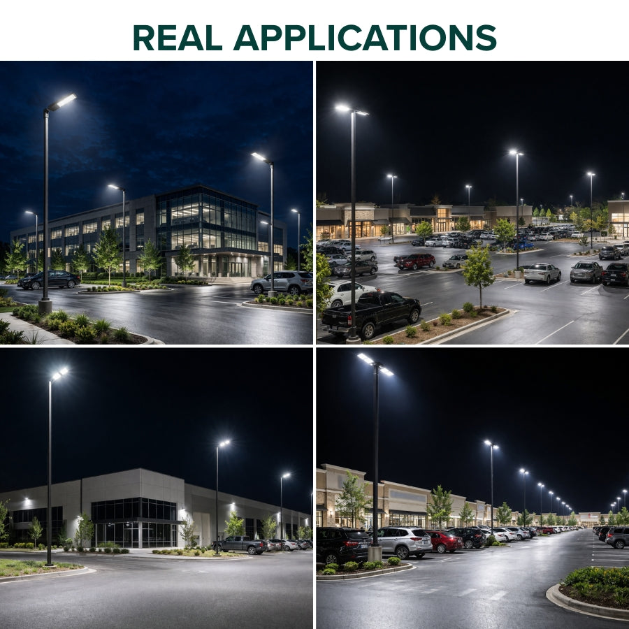 LED parking lot lights installed in commercial parking areas and outdoor spaces at night