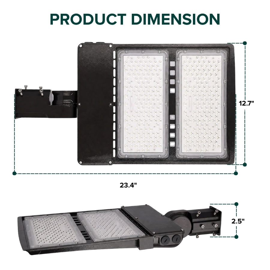 Dimensions of LED parking lot light fixture showing 23.4 inch length and slip fitter mount measurements