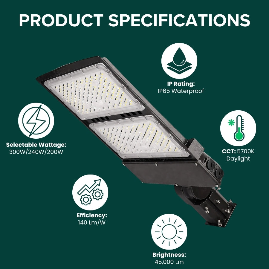 LED parking lot light specifications showing selectable wattage 300W 240W 200W, 45000 lumens, 5700K daylight