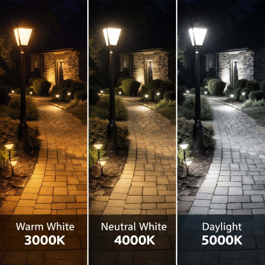 LED Outdoor Post Light Color Temperature Comparison Showing 3000K Warm White, 4000K Neutral White, and 5000K Daylight