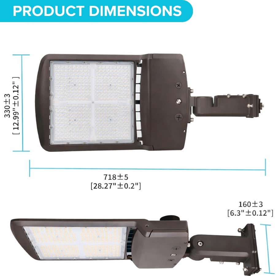 LED shoebox parking lot light dimensions diagram showing fixture size and slip fitter mounting measurements