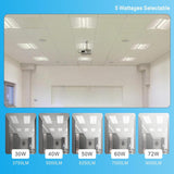 Ceiling with multiple light fixtures and wattage options displayed below. led 2x4 troffer at switchtoled 