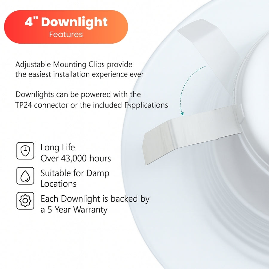 4" Downlight features with adjustable mounting clips and long life warranty on a white background
