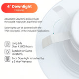 4" Downlight features with adjustable mounting clips and long life warranty on a white background