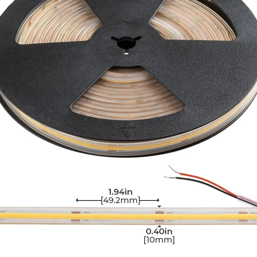 Close-up of a reel of ribbon cable of led cob light strips​ with measurements indicated.