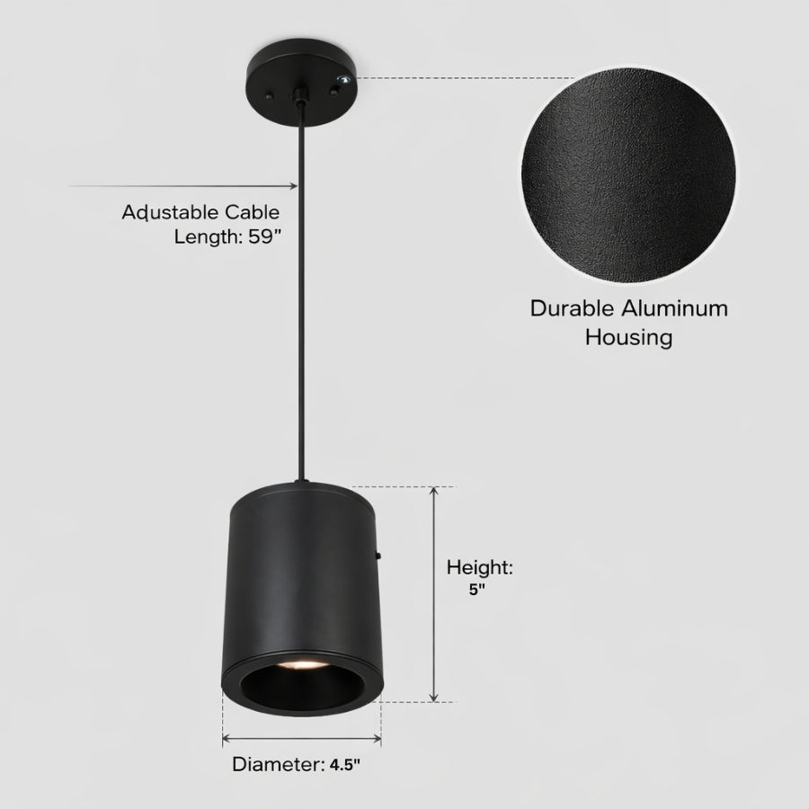 Black pendant light with measurements and features on a gray background