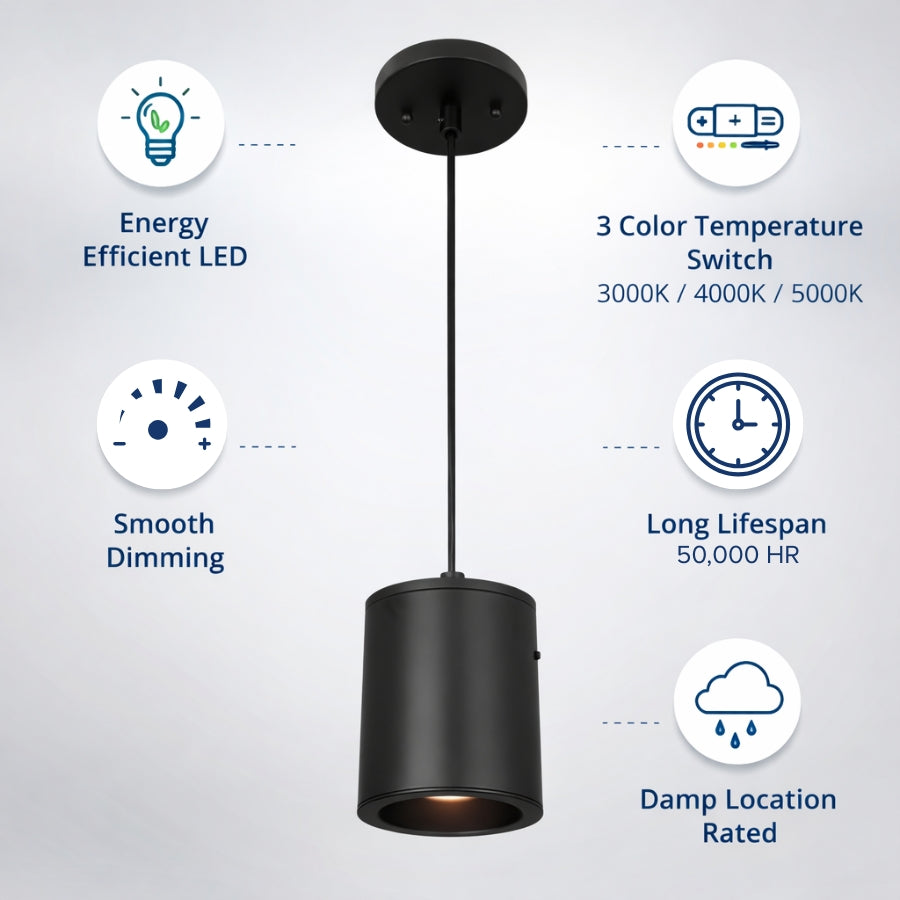 Black pendant light with features highlighted on a gray background