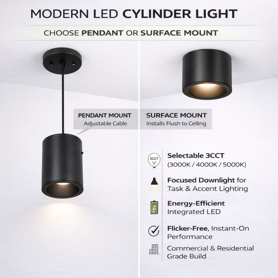 Modern LED cylinder light with pendant and surface mount options on a white background.