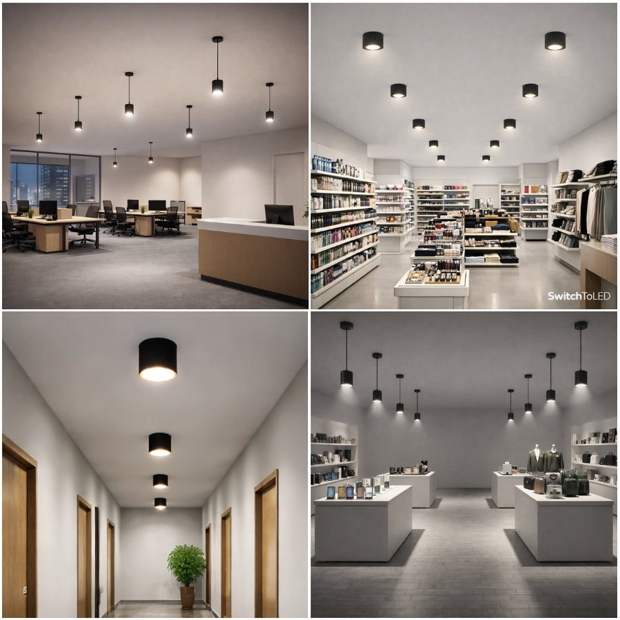 Collage of office and retail interior spaces with Switch LED lighting fixtures.