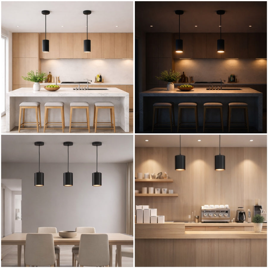 Collage of four images showing pendant lights in different settings including a kitchen, dining area, and coffee shop.