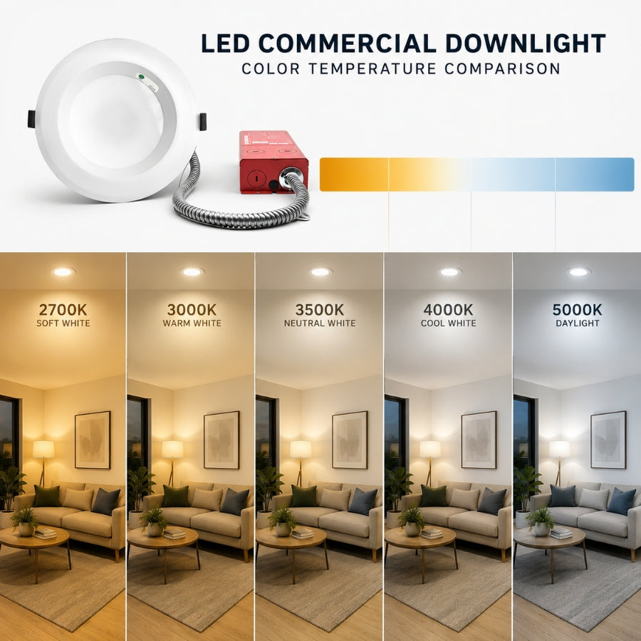 LED commercial downlight color temperature comparison chart with different light tones in a living room setting.