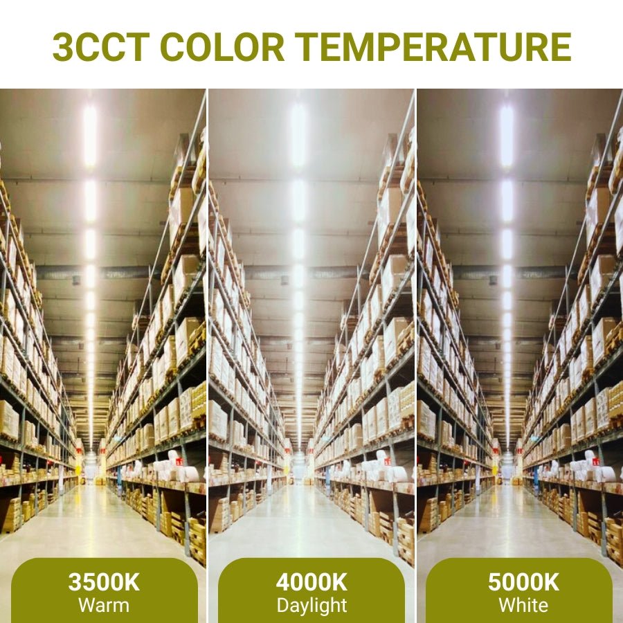 Warehouse interior with three different color temperature lights labeled 3500K, 4000K, and 5000K. LED linear light fixtures