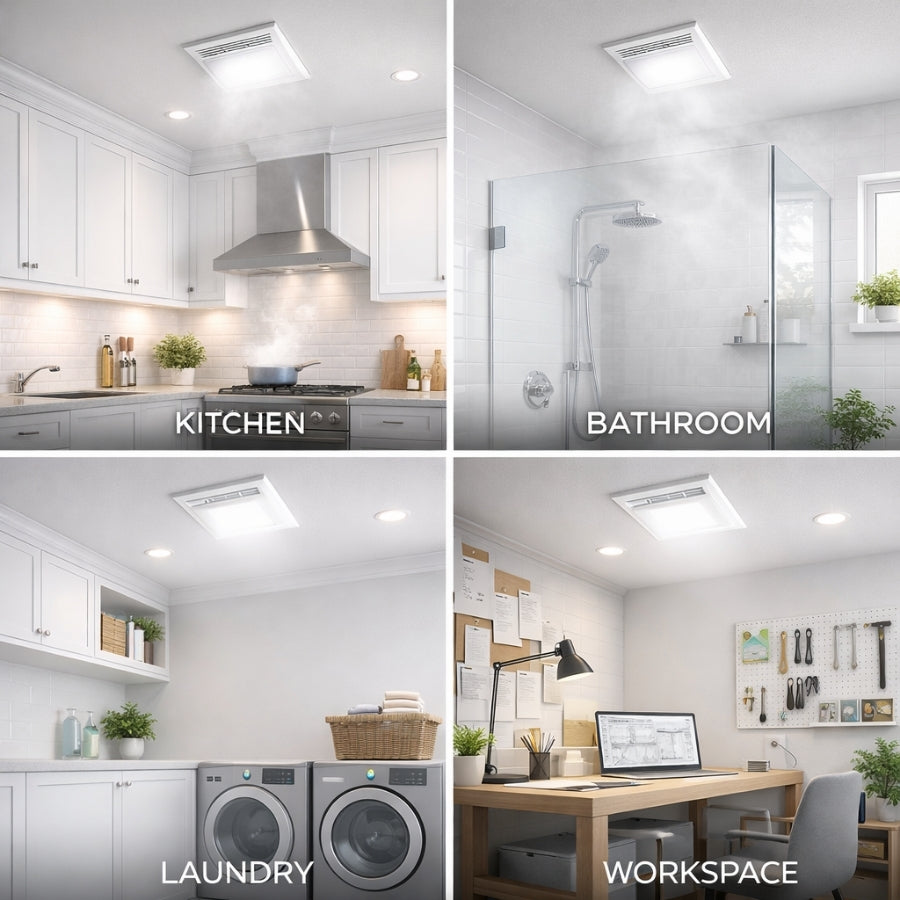 Four different rooms labeled 'Kitchen', 'Bathroom', 'Laundry', and 'Workspace' with ceiling lights on.