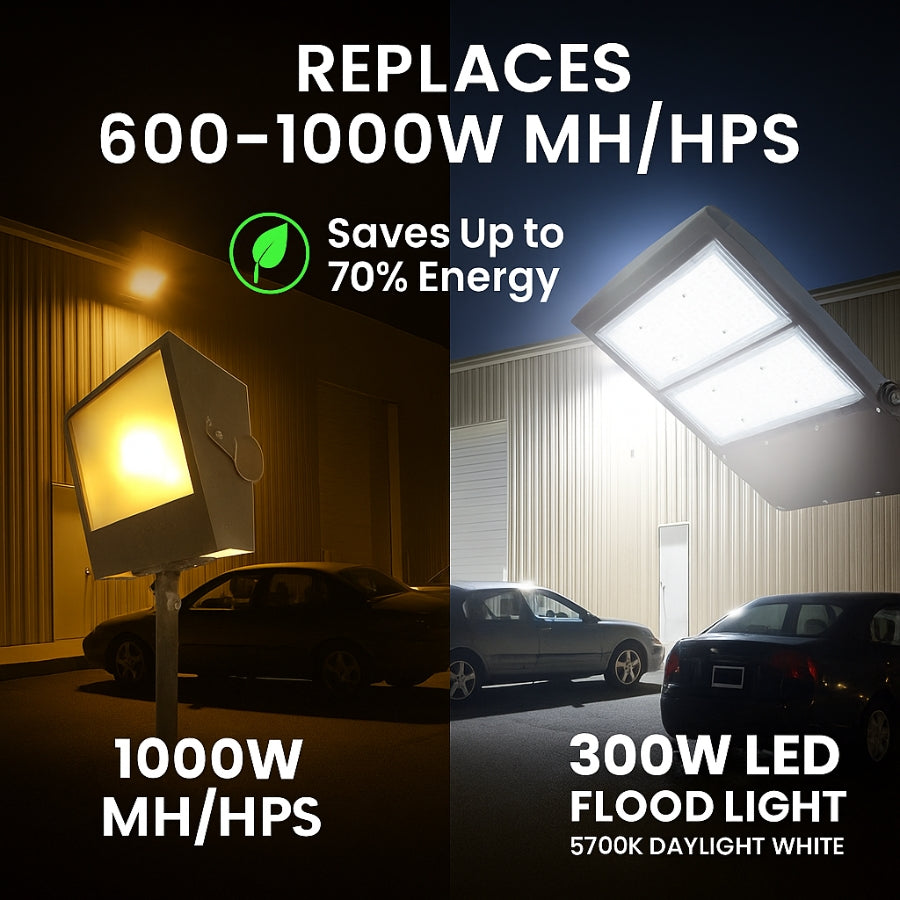 Comparison of a 1000W MH/HPS light bulb and a 300W LED flood light with energy savings text.