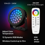 LED light fixture with remote control displaying features on a dark background, led flood light w remote control rgb​