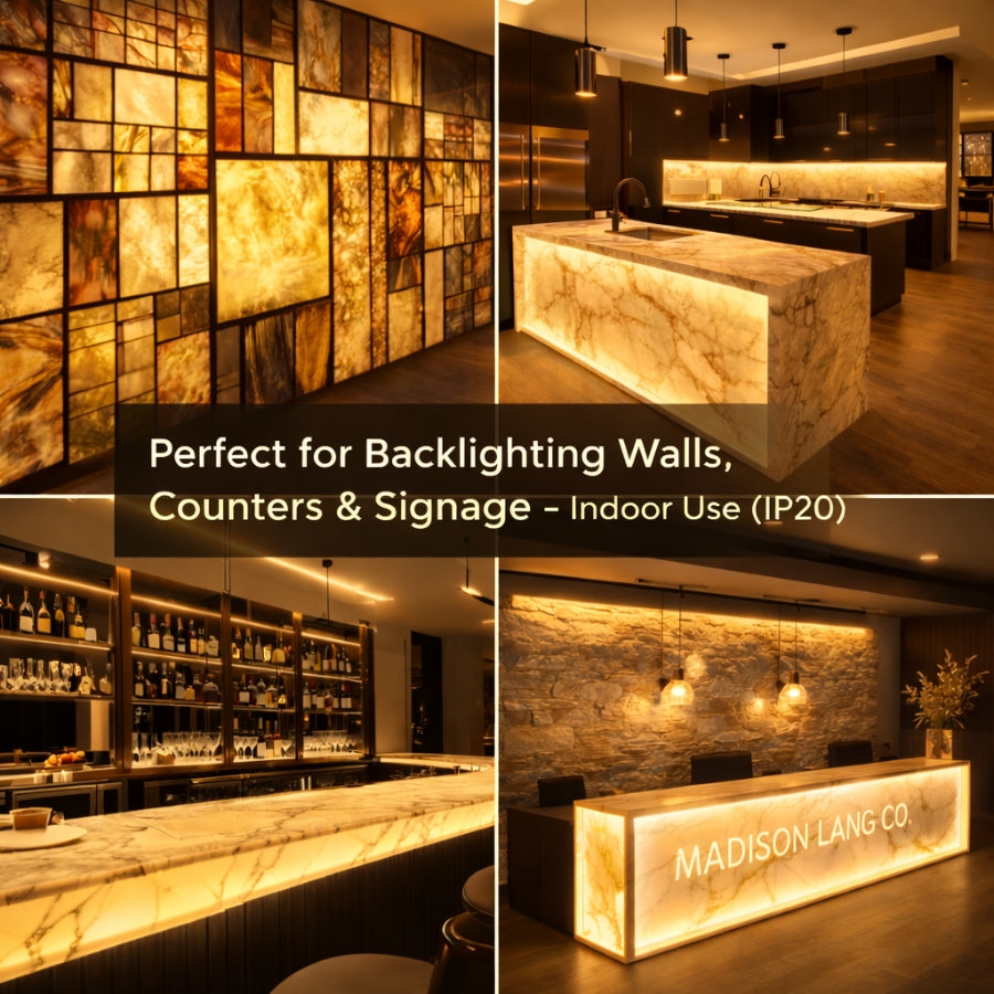 Collage of illuminated stone surfaces in various settings with text about backlighting solutions.