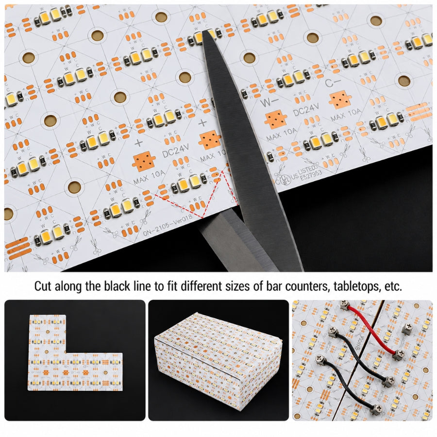 led light sheet panel​ with cut lines and examples of application on bar counter and table top.