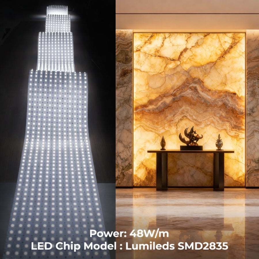 led light sheet panel​ with power and chip model details in a room with marble wall and table.