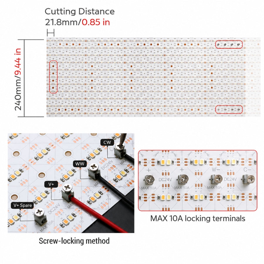 Technical diagram of LED light board with measurements and locking terminals