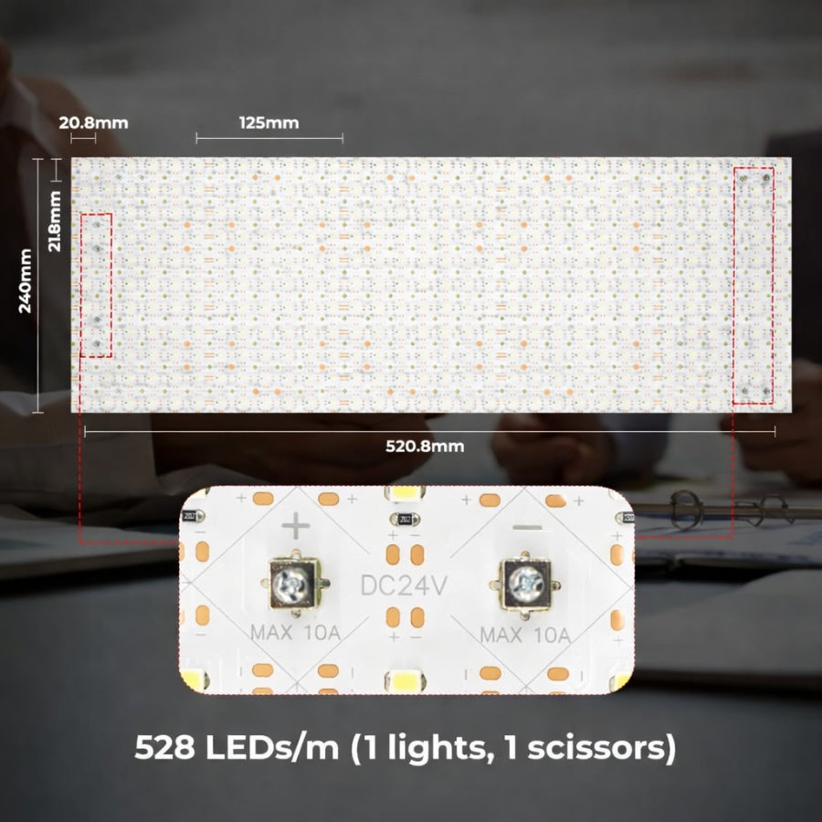 led light sheets​
with dimensions and specifications on a dark background