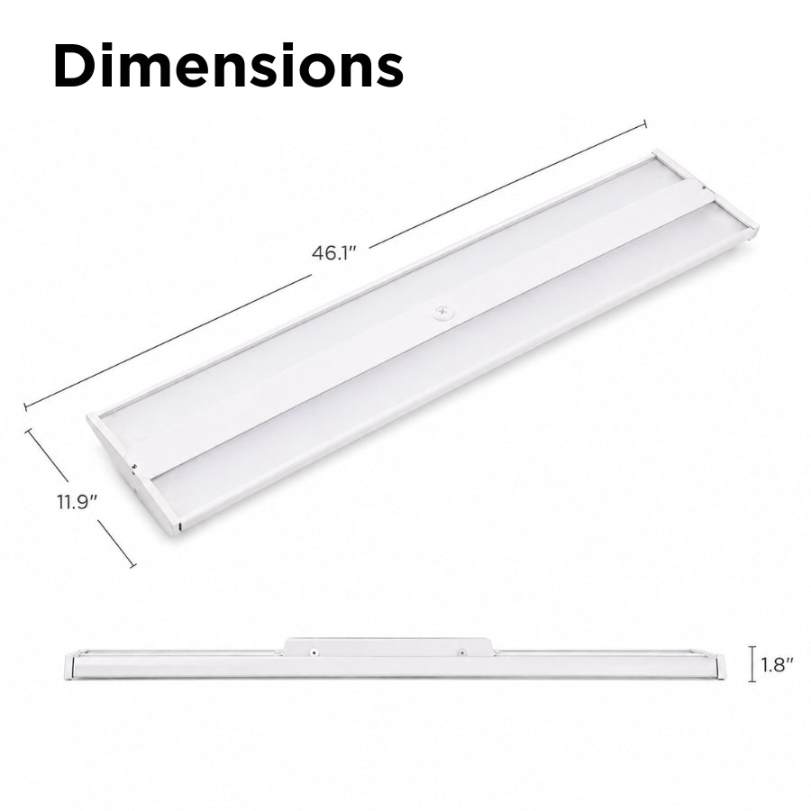A white led linear high bay fixture​ shown with dimension annotations, including a top view labeled 46.1 inches by 11.