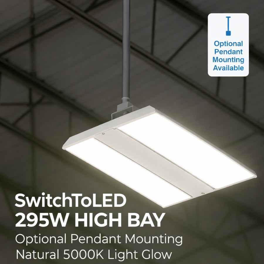 SwitchToLED 295W High Bay light fixture with pendant mounting option on a ceiling.