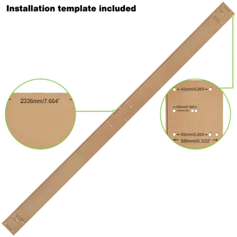 led linear light fixture with measurement details and text 'Installation template included' on a white background