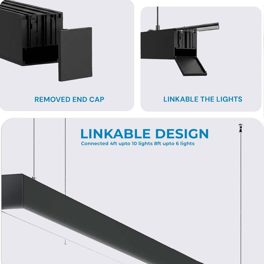 Linkable design of black lights with text indicating features on a white background