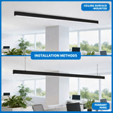 Ceiling-mounted and pendant-hanging light fixture in an office setting