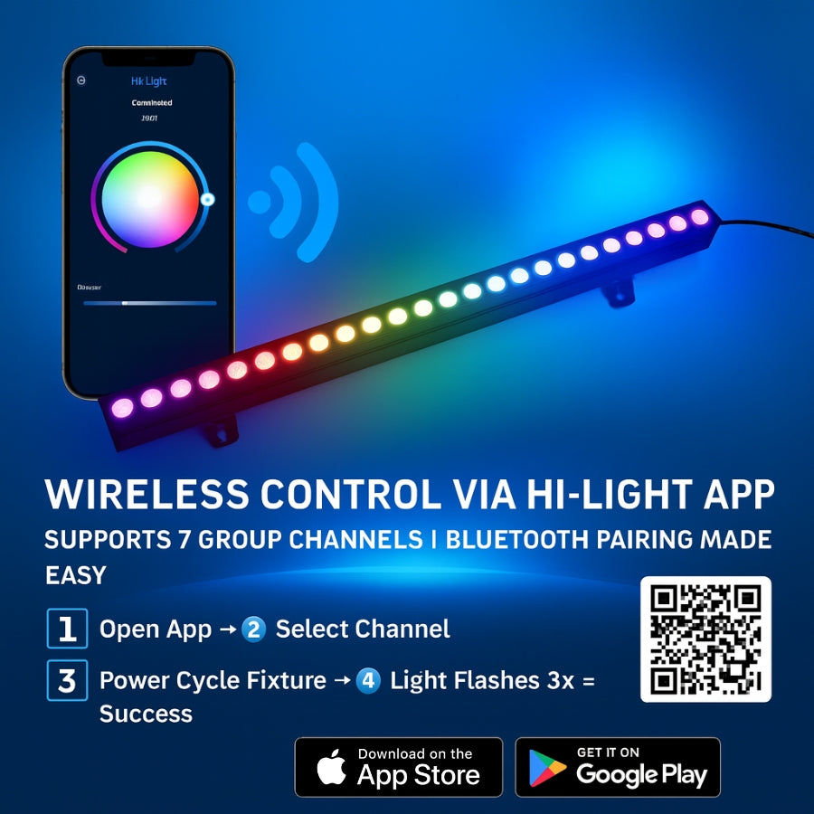 led linear rgb wall washer​
with smartphone app control on a blue background