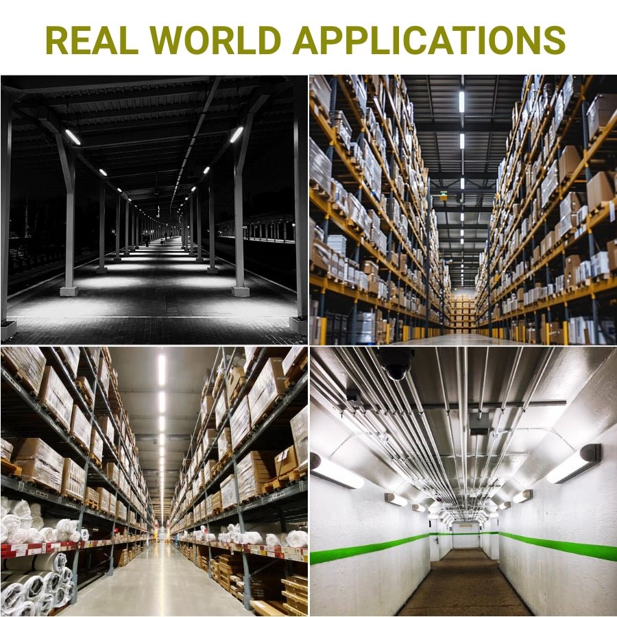 Collage of warehouse interior scenes with text 'Real World Applications' of led linear strip lights