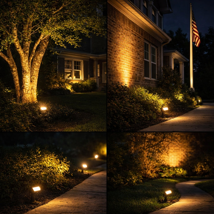 Collage of outdoor lighting fixtures illuminating a house and garden at night.