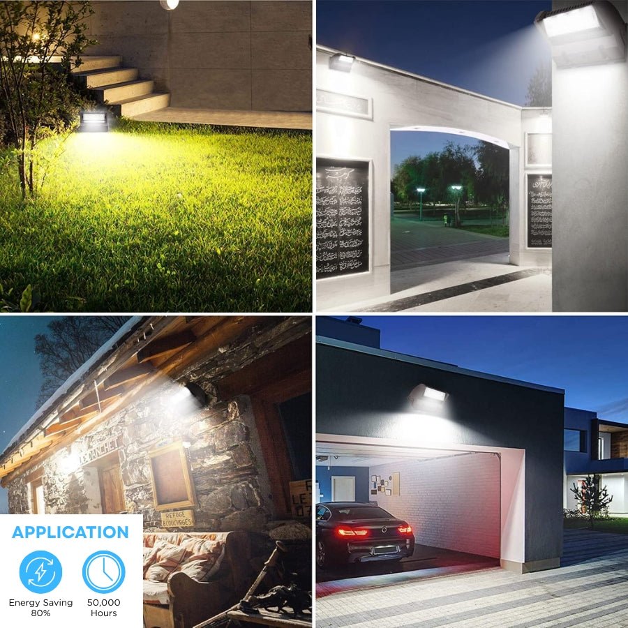 Collage of led outdoor wall pack lighting applications including garden, driveway, and house exterior.