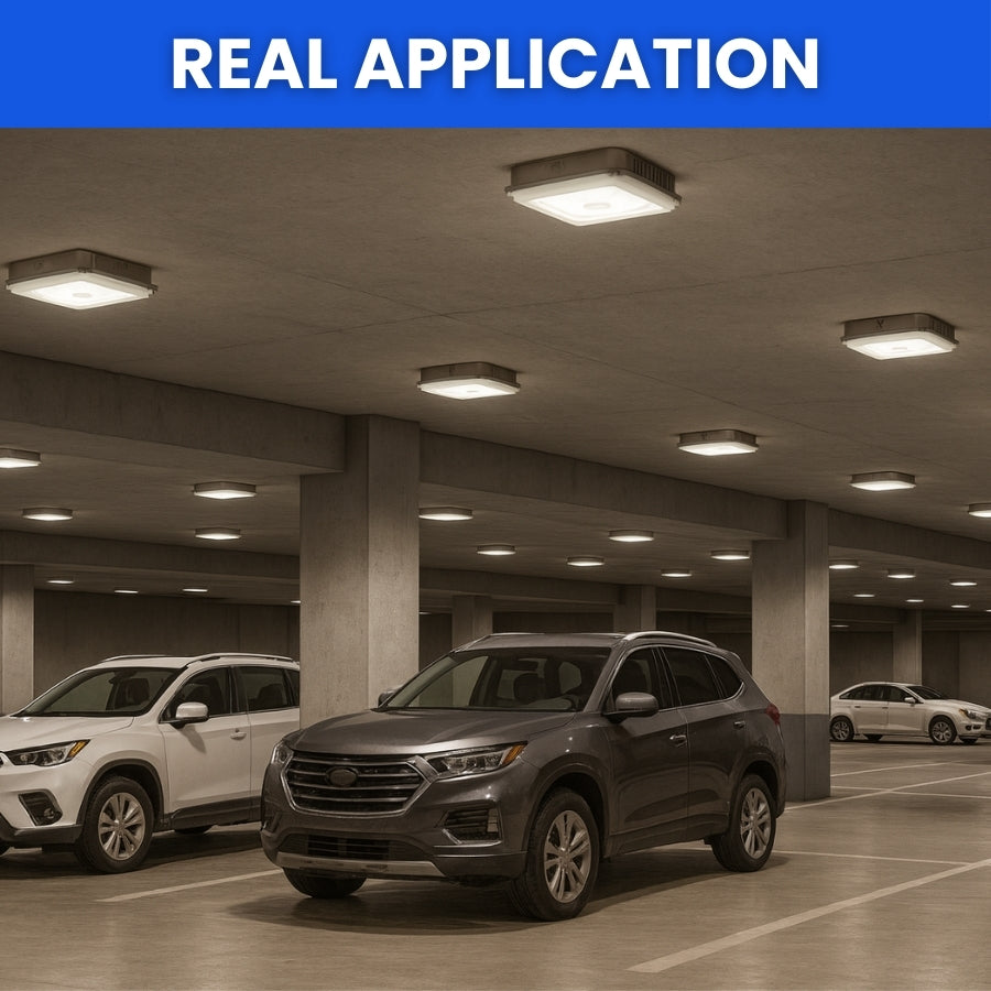 Underground parking garage with cars and ceiling lights, labeled 'Real Application'. led parking garage canopy light