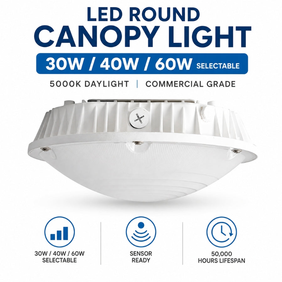 LED round canopy light with specifications on a white background
