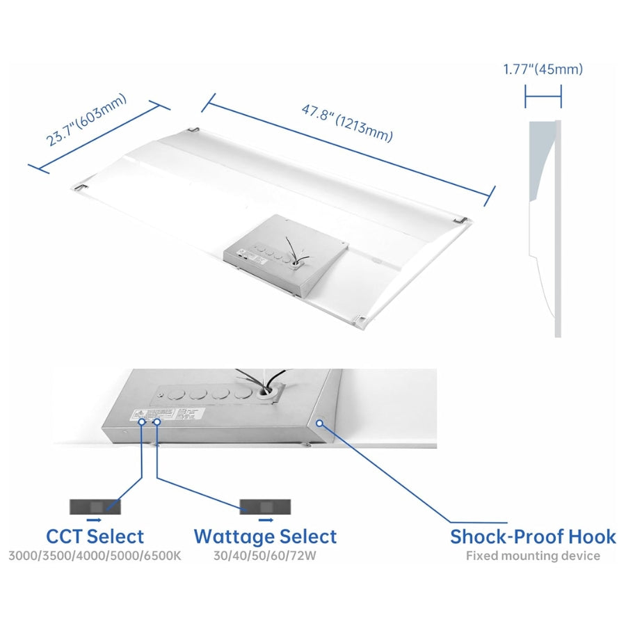 Measurement chart of a light fixture with dimensions and features labeled. led retrofit kit for 2x4 troffer​ at switchtoled 