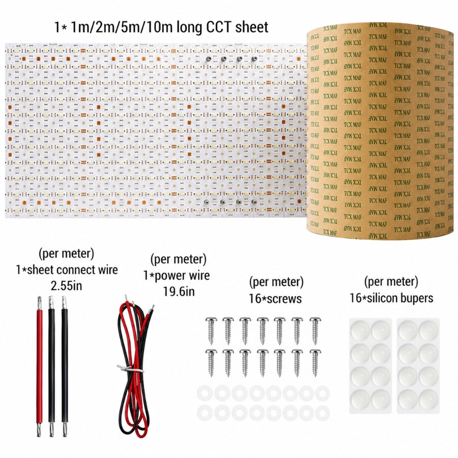 Rolls of CCT sheet, connect wire, power wire, screws, and silicone bungs with specifications on a white background.