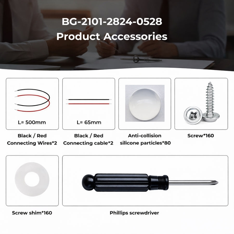 Product accessories list with images and descriptions on a blurred background of people working.