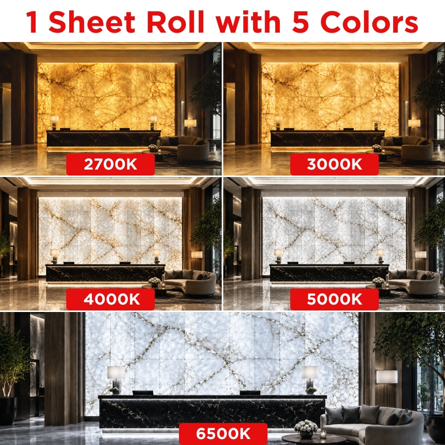 Collage of a marble wall with different color temperatures displayed.