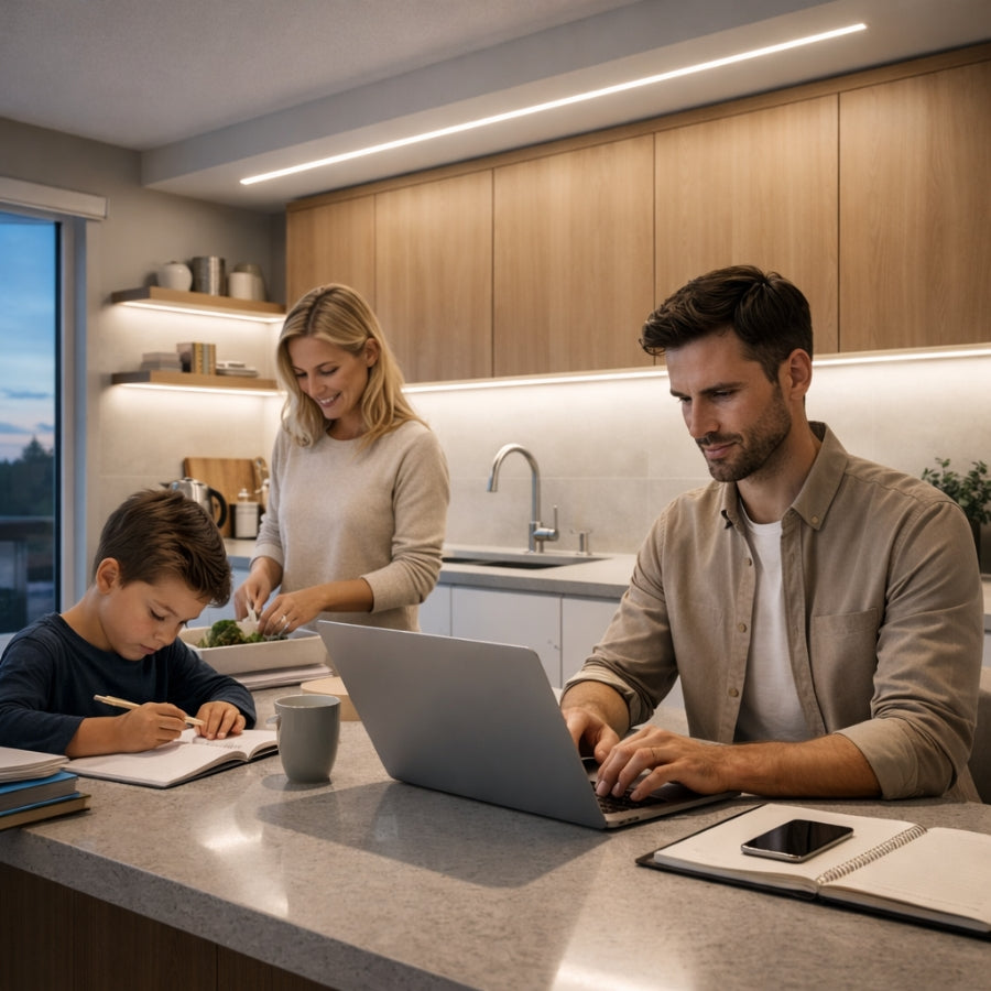 Family of three in a modern kitchen with a man using a laptop, woman preparing food, and child writing. application of cob strip lights