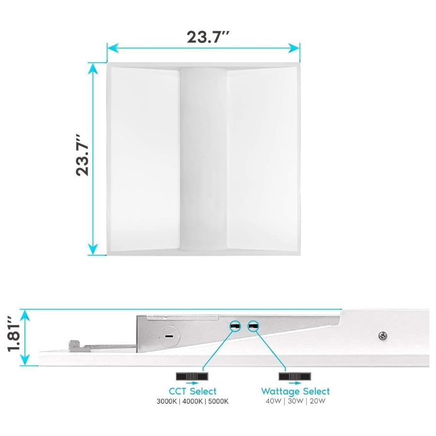 Measurement chart of a led troffer lights​with dimensions and CCT/Wattage select options.
