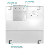 led troffer retrofit kit of a light fixture with labeled high and low voltage boxes and mounting brackets.